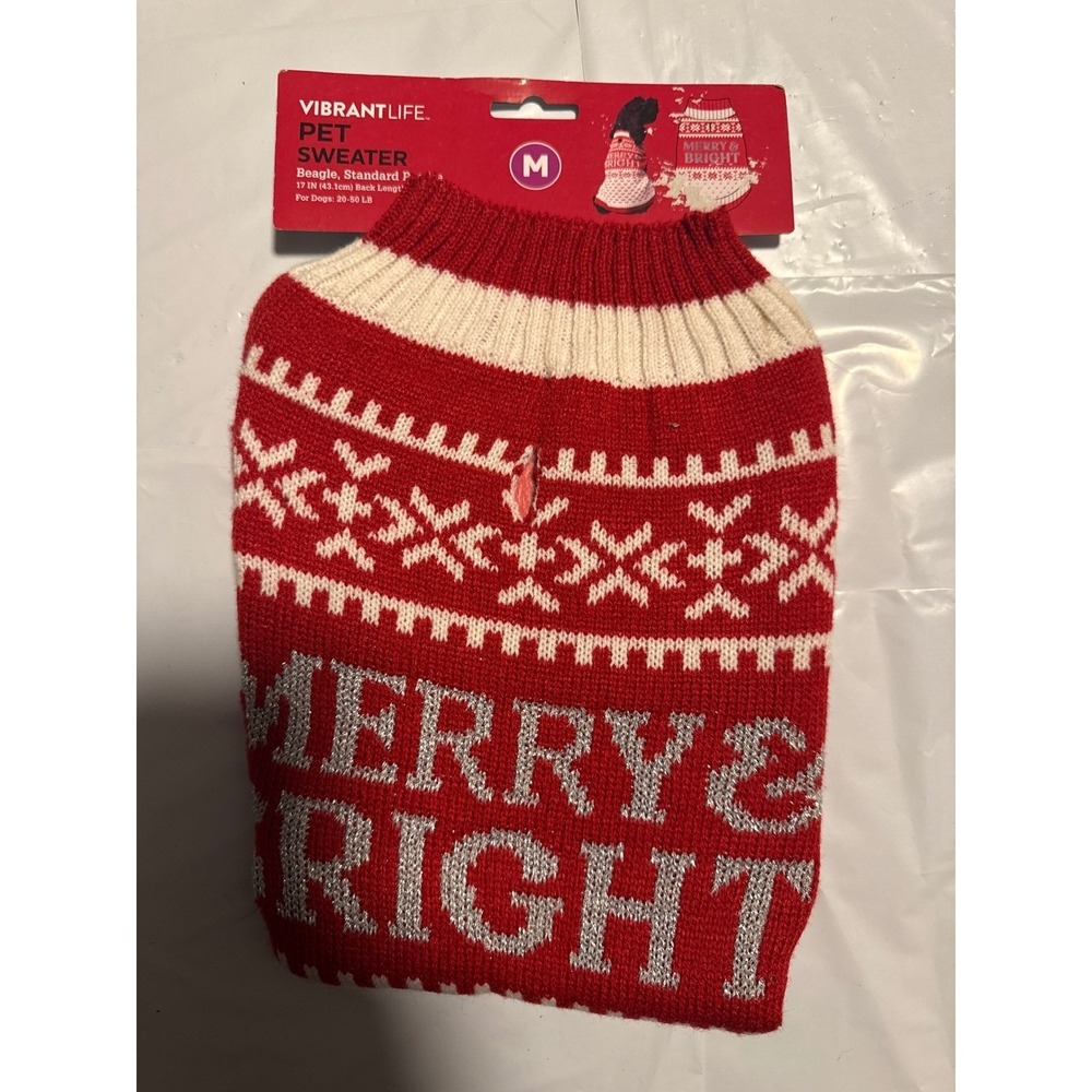 Vibrant Life‎ Medium Dog Pet Sweater Red White Holiday Merry Bright